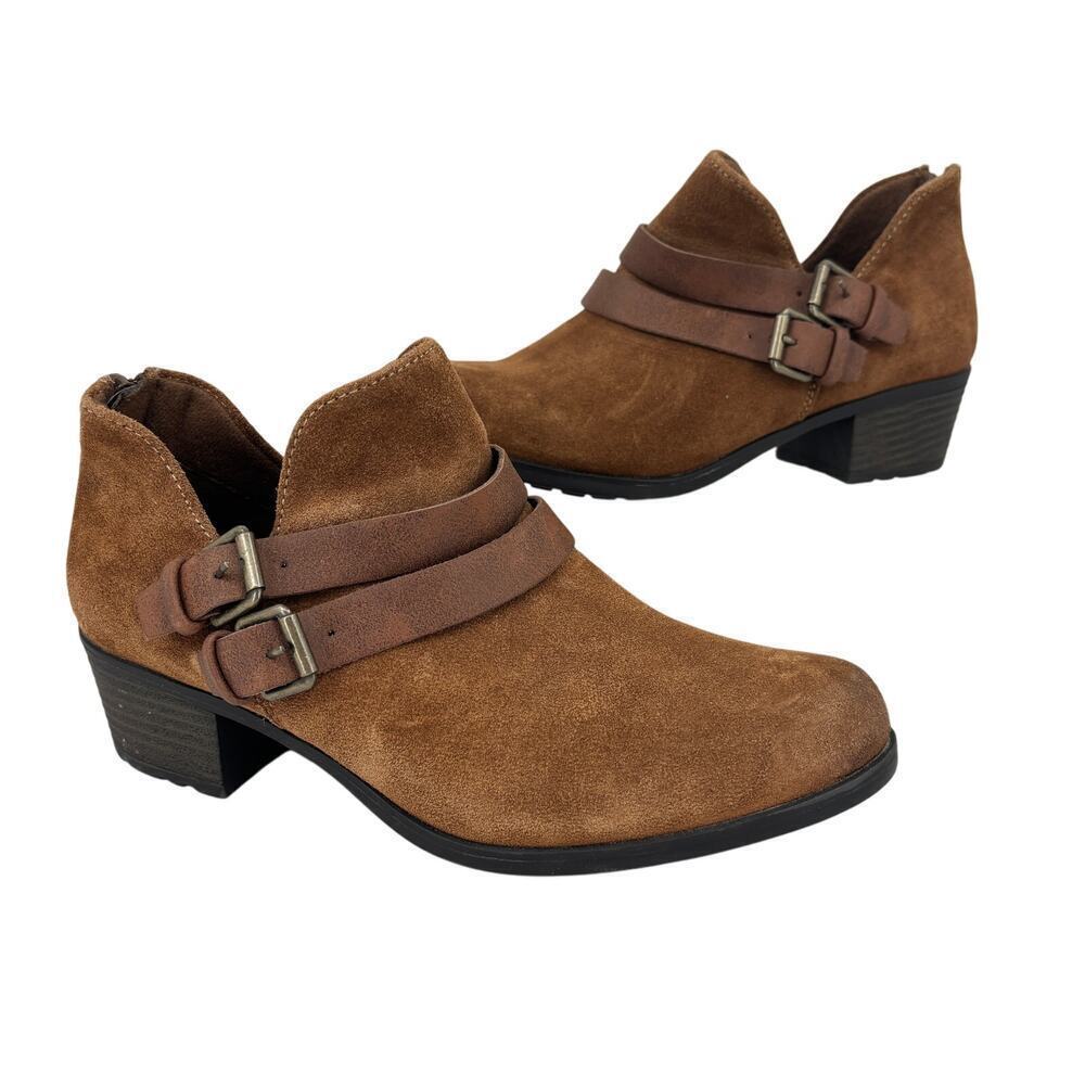 Earth Origins Destiny Bootie Size 9 Brown Suede Leather Double Buckle Back Zip